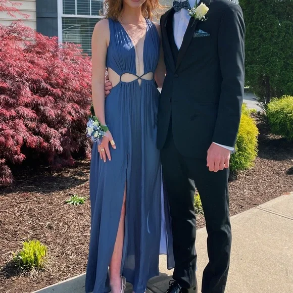 slate blue prom dress Backless Light Blue Lace Mermaid Prom Dresses, Open Back Light Blue La –  jbydress main image 1